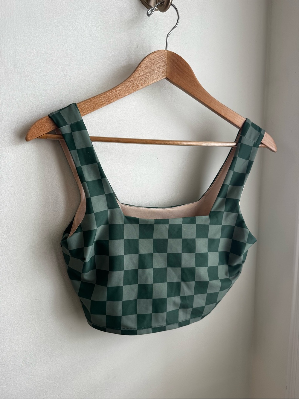 Albion Fit Green Checkered Square-Neck Padded Swim Top